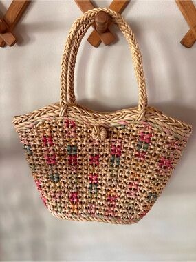 Vintage Bernard Woven Raffia Straw Handbag Floral Cottagecore Boho Small Tote
